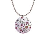 Pink whimsical flowers on pink Button Necklace
