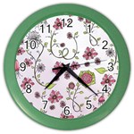 Pink whimsical flowers on pink Wall Clock (Color)