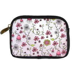 Pink whimsical flowers on pink Digital Camera Leather Case from ZippyPress Front