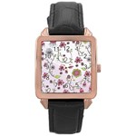 Pink whimsical flowers on pink Rose Gold Leather Watch 