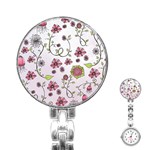 Pink whimsical flowers on pink Stainless Steel Nurses Watch