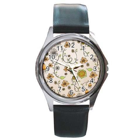 Yellow Whimsical Flowers  Round Leather Watch (Silver Rim) from ZippyPress Front