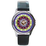 Rainbow Glass Round Leather Watch (Silver Rim)