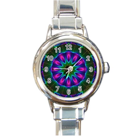 Star Of Leaves, Abstract Magenta Green Forest Round Italian Charm Watch from ZippyPress Front