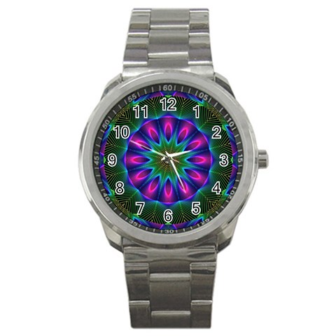 Star Of Leaves, Abstract Magenta Green Forest Sport Metal Watch from ZippyPress Front