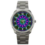 Star Of Leaves, Abstract Magenta Green Forest Sport Metal Watch