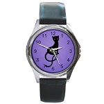Purple Gracious Evil Black Cat Round Leather Watch (Silver Rim)