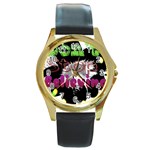 Don t Stop Believing Round Leather Watch (Gold Rim) 