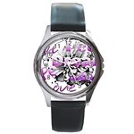 Live Peace Dream Hope Smile Love Round Leather Watch (Silver Rim)