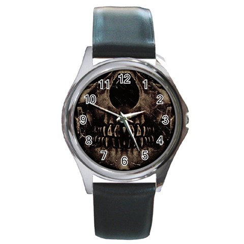 Skull Poster Background Round Leather Watch (Silver Rim) from ZippyPress Front