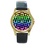Rainbow Stars and Hearts Round Leather Watch (Gold Rim) 