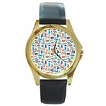 Blue Colorful Cats Silhouettes Pattern Round Gold Metal Watches