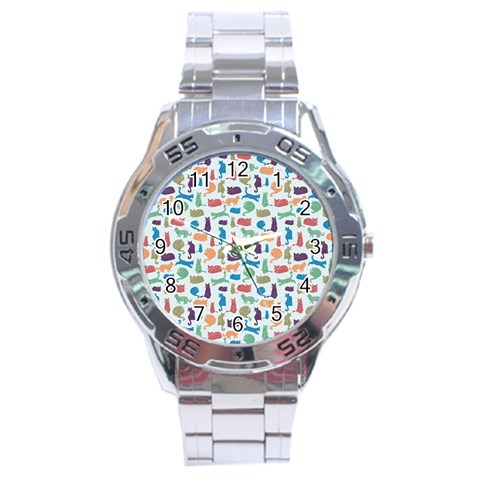 Blue Colorful Cats Silhouettes Pattern Stainless Steel Men s Watch from ZippyPress Front