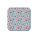Blue Colorful Cats Silhouettes Pattern Rubber Coaster (Square) 