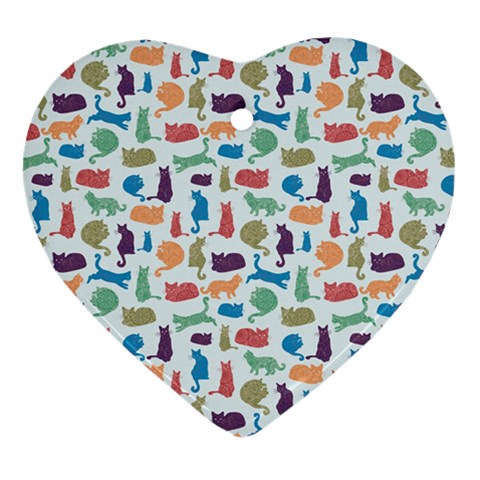 Blue Colorful Cats Silhouettes Pattern Heart Ornament (2 Sides) from ZippyPress Front