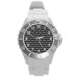 Black White Tiki Pattern Round Plastic Sport Watch (L)