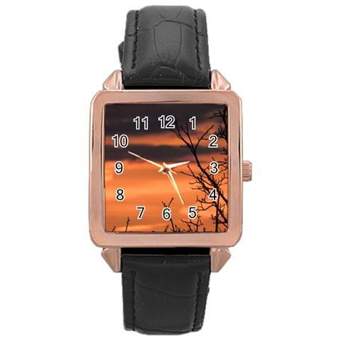 Tree branches and sunset Rose Gold Leather Watch  from ZippyPress Front