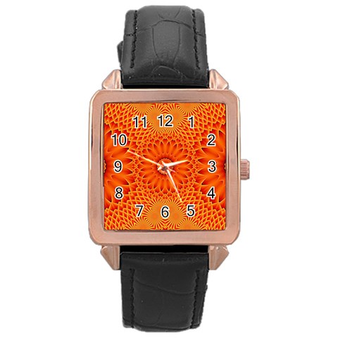 Lotus Fractal Flower Orange Yellow Rose Gold Leather Watch  from ZippyPress Front