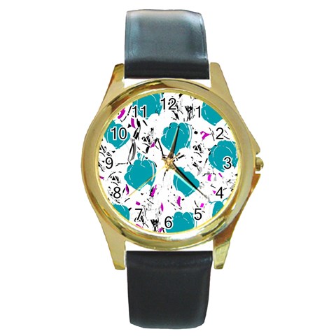 Cyan roses Round Gold Metal Watch from ZippyPress Front