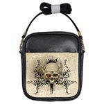 Awesome Skull With Flowers And Grunge Girls Sling Bags