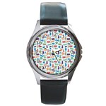 Blue Colorful Cats Silhouettes Pattern Round Metal Watch