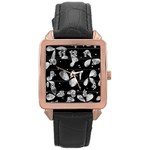 Black and white floral abstraction Rose Gold Leather Watch 