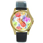 Colorful Pineapples Over A Blue Background Round Gold Metal Watch