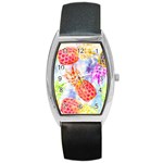 Colorful Pineapples Over A Blue Background Barrel Style Metal Watch