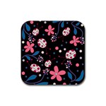 Pink ladybugs and flowers  Rubber Square Coaster (4 pack) 