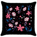 Pink ladybugs and flowers  Throw Pillow Case (Black)