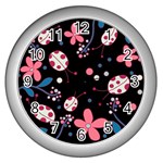 Pink ladybugs and flowers  Wall Clocks (Silver) 