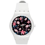 Pink ladybugs and flowers  Round Plastic Sport Watch (M)