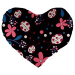 Pink ladybugs and flowers  Large 19  Premium Heart Shape Cushions