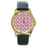 Pink plaid pattern Round Gold Metal Watch