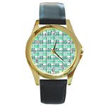 Green plaid pattern Round Gold Metal Watch