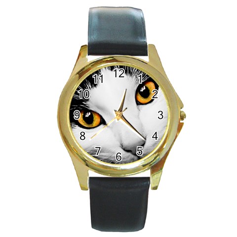 cat yellow eyes Round Gold Metal Watch from ZippyPress Front
