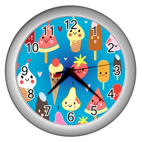 Cute food characters clipart             Wall Clock (Silver) from ZippyPress Front