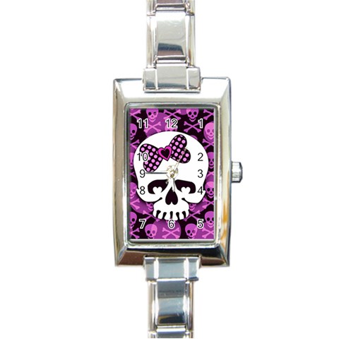 Pink Polka Dot Bow Skull Rectangle Italian Charm Watch from ZippyPress Front