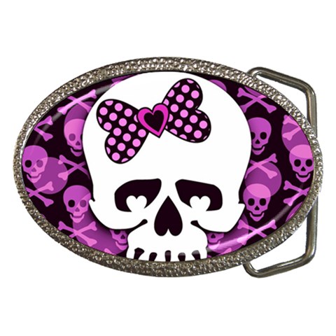 Pink Polka Dot Bow Skull Belt Buckle from ZippyPress Front