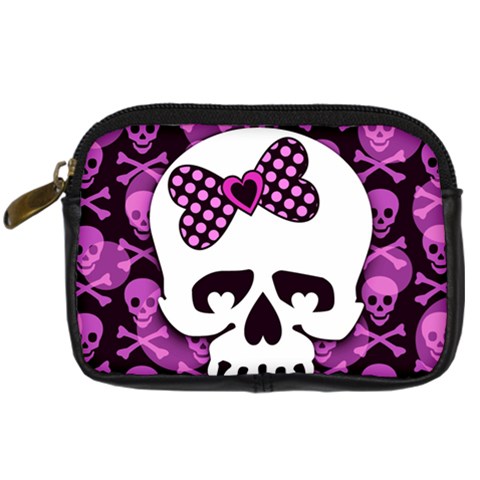 Pink Polka Dot Bow Skull Digital Camera Leather Case from ZippyPress Front