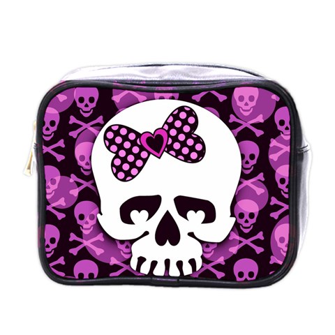 Pink Polka Dot Bow Skull Mini Toiletries Bag (One Side) from ZippyPress Front