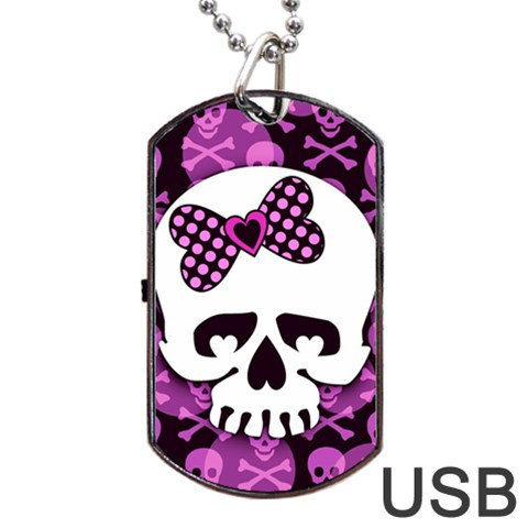 Pink Polka Dot Bow Skull Dog Tag USB Flash (Two Sides) from ZippyPress Front