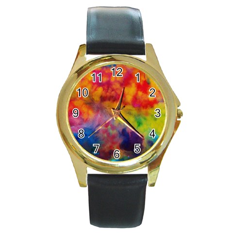 Colorful watercolors texture                                                    Round Gold Metal Watch from ZippyPress Front