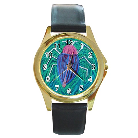 Big Green Bug  Round Gold Metal Watch from ZippyPress Front