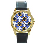 Shapes on a blue background                                                           Round Gold Metal Watch
