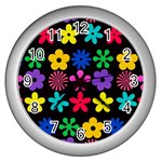 Colorful flowers on a black background pattern                                                            Wall Clock (Silver)