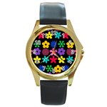 Colorful flowers on a black background pattern                                                            Round Gold Metal Watch