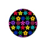 Colorful flowers on a black background pattern                                                            Rubber Round Coaster (4 pack)