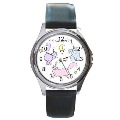 Cute unicorn cats Round Metal Watch from ZippyPress Front