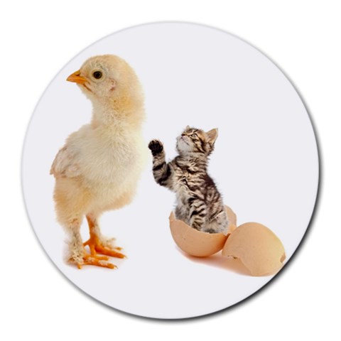 Kitten in an egg with chick Round Mousepad from ZippyPress Front